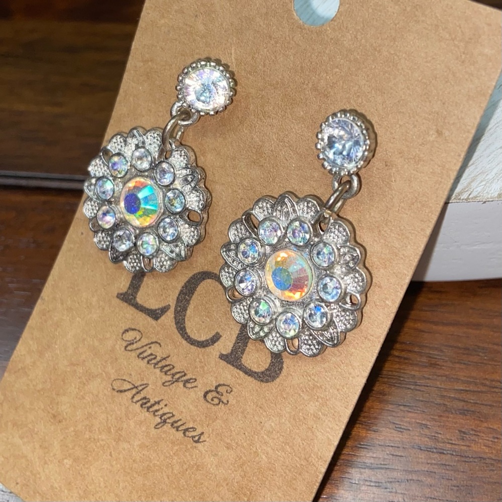Silver Crystal Flower Cluster Drop Earrings